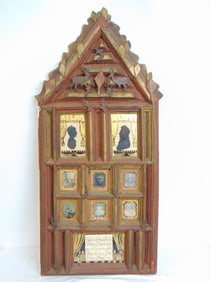 Tramp art collage frame with various family picture, 2 silhouettes, 6 daguerreotypes & gilt eglomise