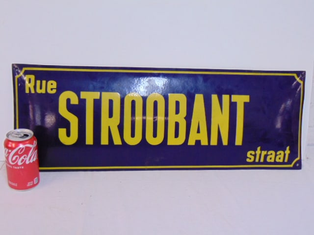 Belgium, Brussels enameled street sign, "Rue Stroobant street", in blue with yellow letters, 9.75" (1 of 4)