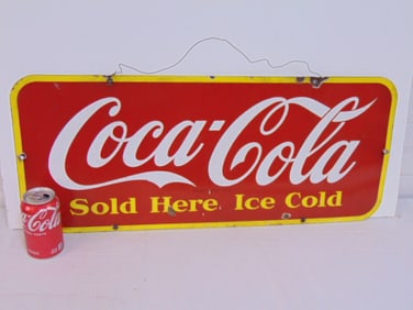 Enamel Coca Cola sign, "Coca Cola, Sold Here Ice Cold", , made in Canada, 1948 (49?), several small