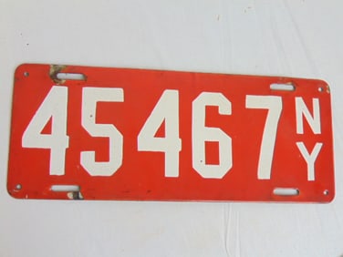 Vintage NY license plate, red & white enamel, early 20th Century, 6" by 15"