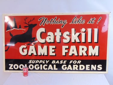 Large enamel sign, "Catskill Game Farm, supply base for Zoological Garden", in red & black with