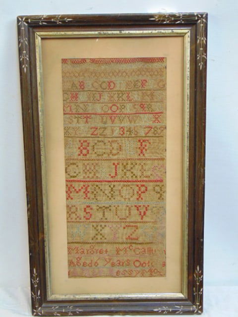 Framed sampler, needlepoint, Margaret McCall, Aged 6 Years old, 1829, 16.5" by 7.5" (sight), framed (1 of 5)