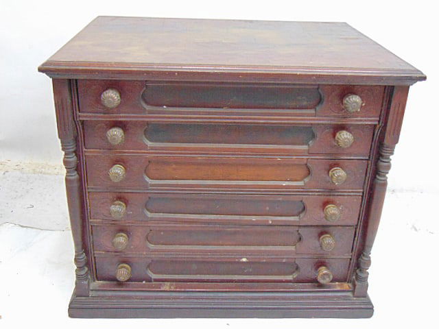 Spool cabinet by J&P Coats, Spoolcotton, mahogany case with 6 drawers, cabinet is 26" by 19.25", (1 of 6)
