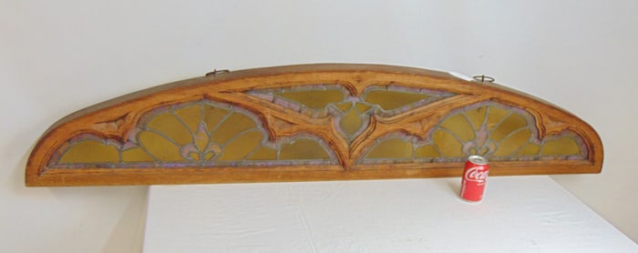 Architectural window, gothic revival, over door domed window, leaded glass, 68.25" long, 13.5" tall,