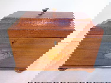 Inlaid mahogany tea caddy with shell inlay, painted interior lid, caddy is 10" by 5.5", height is 7