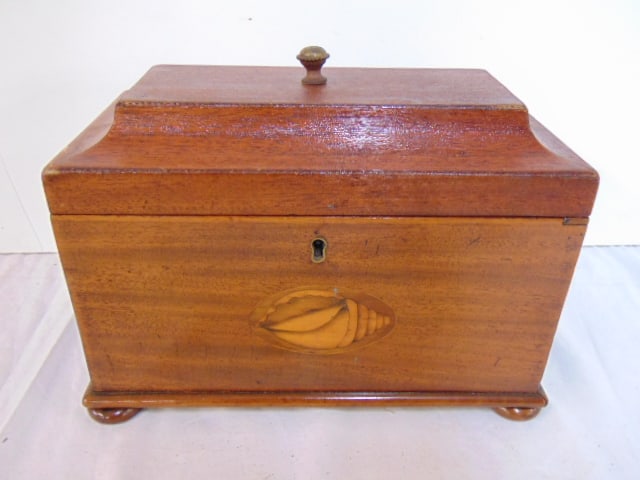 Inlaid mahogany tea caddy with shell inlay, painted interior lid, caddy is 10" by 5.5", height is 7: Inlaid mahogany tea caddy with shell inlay, painted interior lid, caddy is 10" by 5.5", height is 7 3/8"