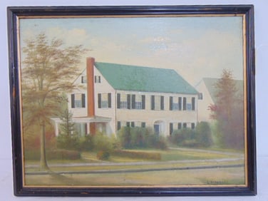 Painting, House scene, signed L.M.Wool, oil on board, 13 3/8" by 17 1/8" framed.