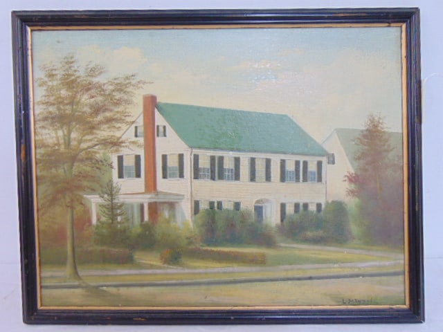 Painting, House scene, signed L.M.Wool, oil on board, 13 3/8" by 17 1/8" framed.: Painting, House scene, signed L.M.Wool, oil on board, 13 3/8" by 17 1/8" framed.