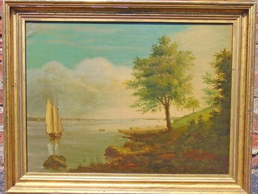 Painting, "View of New York from New Jersey, early 19th Century, unsigned oil on canvas, canvas is