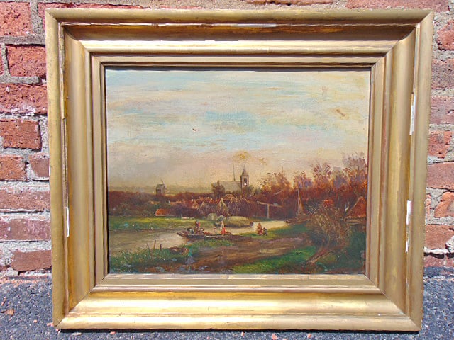 Painting, Dutch village scene with figures on boat, signed C.N. Rook (?), oil on canvas, gilt (1 of 5)