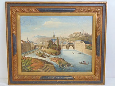 Painting, view of Luxemburg city, unsigned, primitive oil on canvas, canvas is 16" by 20", framed