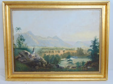 Painting, primitive Dover Plains landscape with figures, cows, oil on canvas, canvas is 19" by 26",