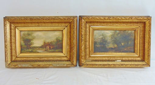Pair small paintings, landscapes in gilt frames, oil on canvas, landscape with house by pond &