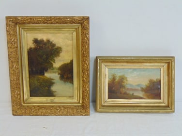 2 paintings, figures fishing in stream, oil on canvas, Hudson River scene with figure fishing,