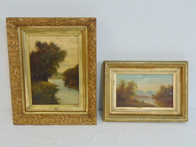 2 paintings, figures fishing in stream, oil on canvas, Hudson River scene with figure fishing, (1 of 9)