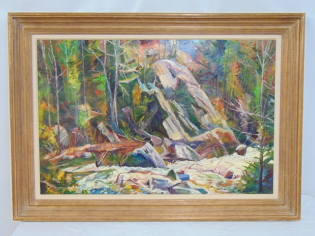 Painting, "Bouquet River", signed Steve Story, Adirondack scene, with a dedication to the artist's: Painting, "Bouquet River", signed Steve Story, Adirondack scene, with a dedication to the artist's daughter, oil on board, 31" by 43.5" (total size)