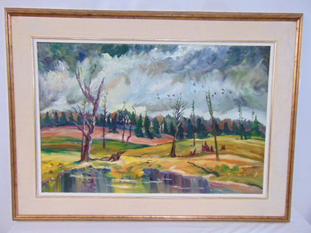 Painting, "Scene at Sabattis", by Steve Story, Adirondack scene, oil on board, 33.75" by 45.75" (1 of 4)