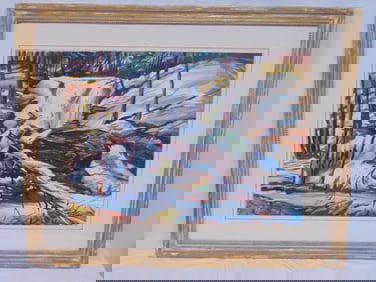 Painting, "A Frozen Waterfall", by Steve Story, Adirondack scene, watercolor, 40" by 32"
