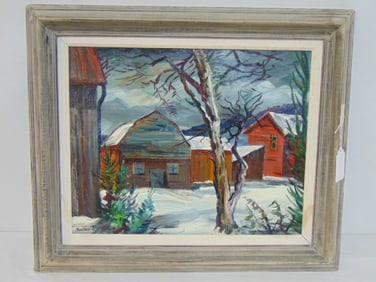 Painting, "Old Farm", signed Steve Story, Adirondack scene, oil on board, 25.5" by 21.75" framed