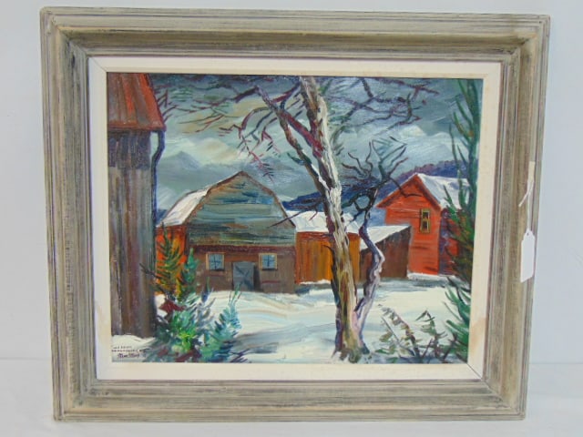 Painting, "Old Farm", signed Steve Story, Adirondack scene, oil on board, 25.5" by 21.75" framed: Painting, "Old Farm", signed Steve Story, Adirondack scene, oil on board, 25.5" by 21.75" framed size
