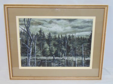 Painting, Adirondacks NY", signed Steve Story, woods on edge of lake, watercolor, 32" by 25.5"