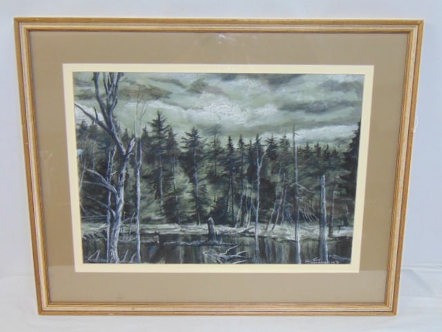 Painting, Adirondacks NY", signed Steve Story, woods on edge of lake, watercolor, 32" by 25.5": Painting, Adirondacks NY", signed Steve Story, woods on edge of lake, watercolor, 32" by 25.5" framed