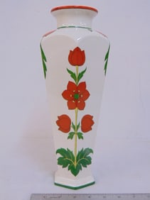 Decorative Arabia vase, made in Finland, red flowers on white body, good condition, vase is 12.75"