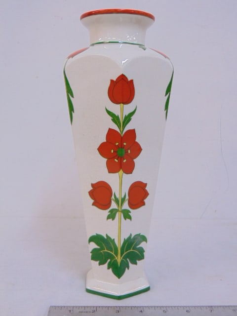 Decorative Arabia vase, made in Finland, red flowers on white body, good condition, vase is 12.75": Decorative Arabia vase, made in Finland, red flowers on white body, good condition, vase is 12.75" tall