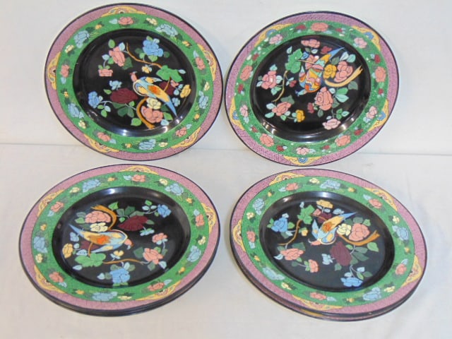 Set of 8 Johnson Bros. plates, colorful bird & floral designs on black field, plates are 10" (1 of 5)