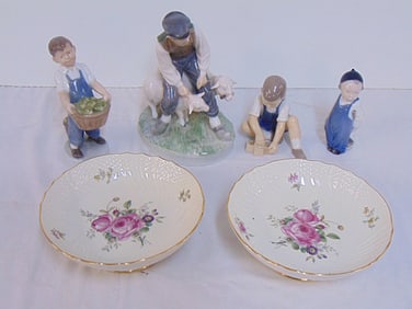 6 pieces of Royal Copenhagen porcelain, 4 figurines & pair of footed bowls with floral decoration,