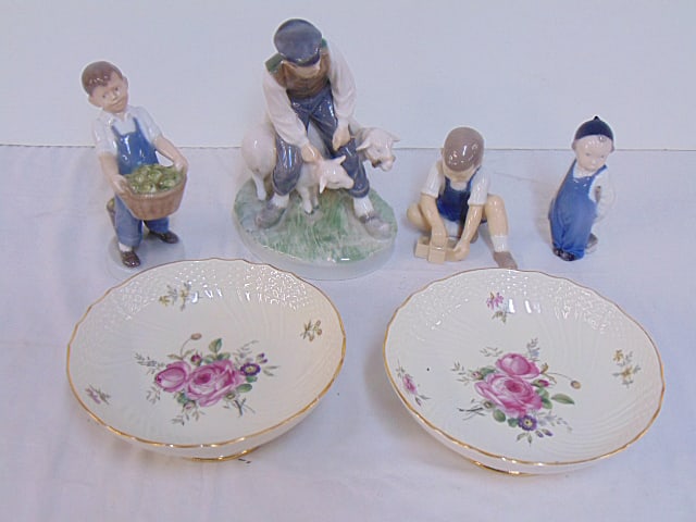 6 pieces of Royal Copenhagen porcelain, 4 figurines & pair of footed bowls with floral decoration, (1 of 6)