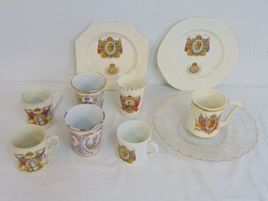 Lot English coronation ware, King Edward, 7 cups, 2 porcelain plates & glass plate, 6 cups are