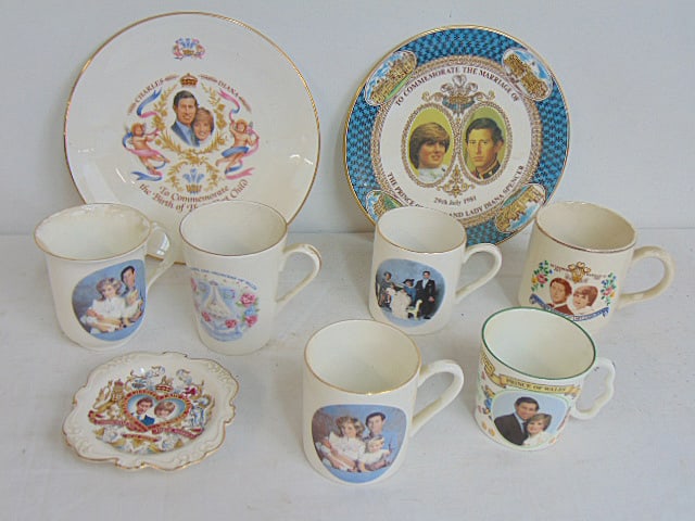 Commemorative lot, Charles & Diana marriage, birth of their first child, 6 mugs, two plates & small: Commemorative lot, Charles & Diana marriage, birth of their first child, 6 mugs, two plates & small dish, plates are 8.5"