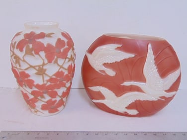 2 Phoenix art glass vases by Consolidated glass Co, one with flying geese, one with floral
