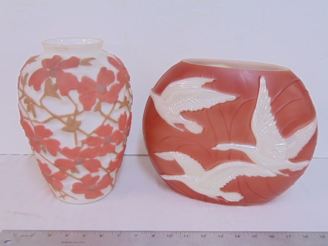 2 Phoenix art glass vases by Consolidated glass Co, one with flying geese, one with floral (1 of 6)