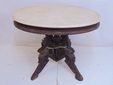 Victorian marble top table, oval top, hoof feet, as is condition, missing part of feet, marble