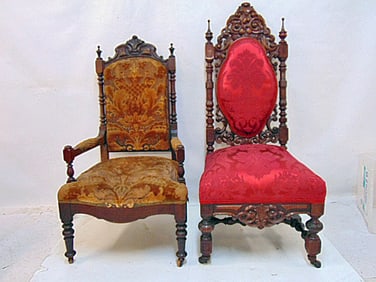 Two fancy carved Victorian chairs with upholstered seat & back, one arm one side, side chair is 42"