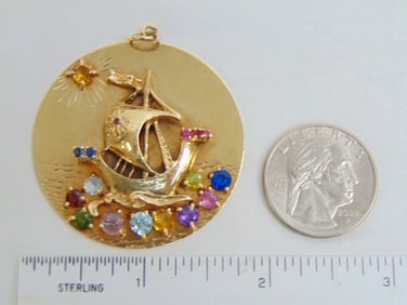 Jewelry. 14kt Vintage Gold ship pendant/charm w/ gemstones, 20.40 grams, 1 3/4" various multi color