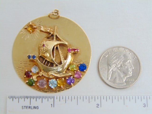 Jewelry. 14kt Vintage Gold ship pendant/charm w/ gemstones, 20.40 grams, 1 3/4" various multi color (1 of 3)