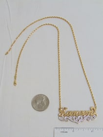 Jewelry. 14kt Vintage Gold "Janeen" name plate necklace, 15.75 grams, 10 1/2" length, good