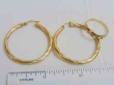 Jewelry. 14kt Antique gold band & 14kt gold hoops, band/ring 1.83 grams, size 8, three small inset