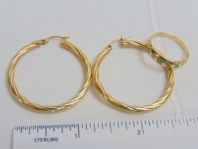 Jewelry. 14kt Antique gold band & 14kt gold hoops, band/ring 1.83 grams, size 8, three small inset (1 of 3)