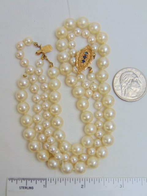 Jewelry. Double strand Vintage pearl bracelet w/ 14kt clasp & three blue gemstones & Vintage pearl: Jewelry. Double strand Vintage pearl bracelet w/ 14kt clasp & three blue gemstones & Vintage pearl necklace broken as is no clasp