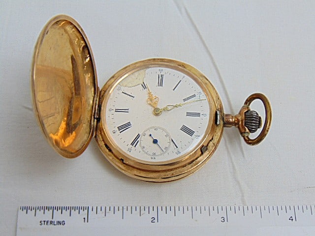 Jewelry. 14kt Gold pocket watch, decorated case, 86.80 grams, hallmark 585, # 175109, inscribed (1 of 5)