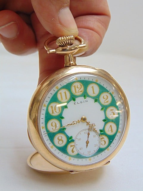 Gold ELGIN pocket watch, green decorated dial, Fahys #8959457, 17 jewels, 15114206, Elgin national (1 of 4)