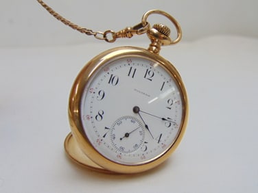 14kt Gold WALTHAM pocket watch, #41855, Waltham Mass Riverside, # 7115155, watch chain JFSS 1/10 14k
