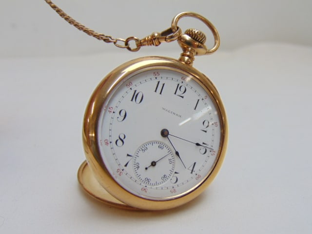 14kt Gold WALTHAM pocket watch, #41855, Waltham Mass Riverside, # 7115155, watch chain JFSS 1/10 14k (1 of 5)