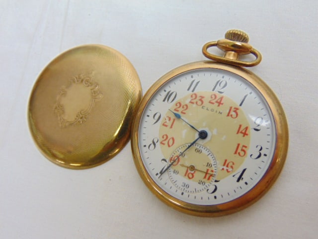 Gold Filled ELGIN GF pocket watch w/ double numerals, #4112446, red numbers, 17 jewels, # 16370779, (1 of 4)