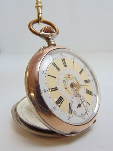 pocket watch w/ floral decorated dial, GF watch chain, back decorated with farmer & ox in sterling: pocket watch w/ floral decorated dial, GF watch chain, back decorated with farmer & ox in sterling w/ GF watch chain. repeater