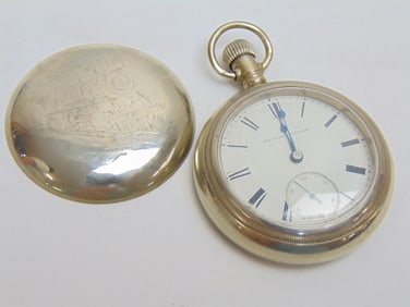 ELGIN pocket watch w/ railroad, train decoration, Philadelphia watch case co. silverode, 287550, 17